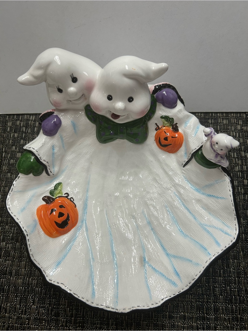 Vintage Ceramic Halloween Ghost Candy Dish with Pumpkins